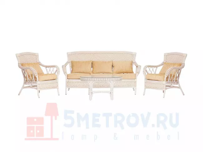 Комплект плетеной мебели Tetchair 10165 Комплект для отдыха "ANDREA" (диван + 2 кресла + журн. столик со стеклом + подушки), TCH White (белый), Ткань рубчик, кремовый Белый, ротанг / Кремовый, ткань