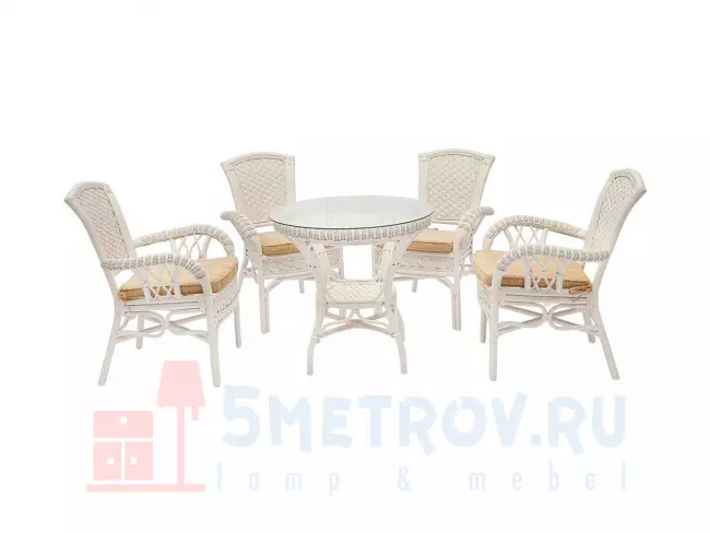 Комплект плетеной мебели Tetchair 10167 Комплект обеденный "ANDREA" ( стол со стеклом + 4 кресла + подушки), TCH White (белый), Ткань рубчик, цвет кремовый Белый, ротанг / Кремовый, ткань