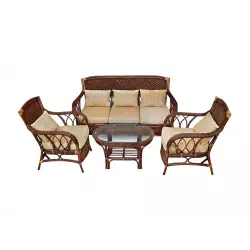 Tetchair 7316 Комплект для отдыха "ANDREA" (диван + 2 кресла + журн. столик со стеклом  + подушки), Pecan Washed (античн. орех), Ткань рубчик, кремовый Комплекты плетеной мебели