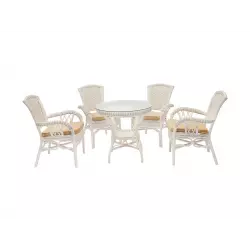 Tetchair 10167 Комплект обеденный "ANDREA" ( стол со стеклом + 4 кресла + подушки), TCH White (белый), Ткань рубчик, цвет кремовый Комплекты плетеной мебели